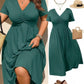 👗 LIMITED TIME 50% OFF! ✨ Plus Size V-Neck Ruched Short Sleeve Midi Dress with Flounce – A-Line Silhouette & Flowy Fabric 🌸