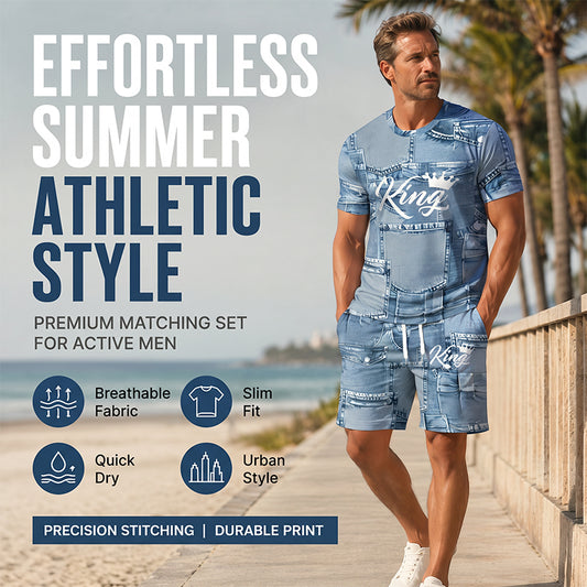 Pre-order🎉 2026 Sale — Over 33,000 Sold! 👕 Men's Casual Faux Denim Print T-Shirt Shorts Set 🧢