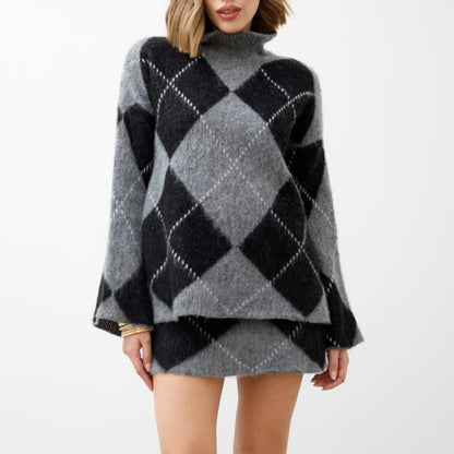 ✨ Diamond-patterned knit sweater and skirt 2-piece set – Effortless Stylish Outfit in One👚