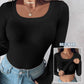 ⏰Last Call 49% OFF⚡70K+ SOLDWomens U-Neck Built-in Bra Long Sleeve Ribbed Top Shirts Elegant Skinny Fit Fabric