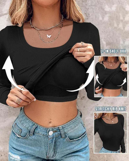 ⏰Last Call 49% OFF⚡70K+ SOLDWomens U-Neck Built-in Bra Long Sleeve Ribbed Top Shirts Elegant Skinny Fit Fabric