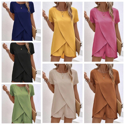🎁New arrival 50% OFF💥 Women's Solid Color Irregular Top & Shorts Two Piece Set