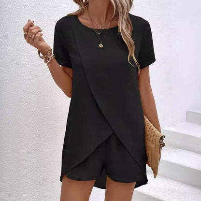🎁New arrival 50% OFF💥 Women's Solid Color Irregular Top & Shorts Two Piece Set