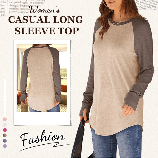 Top Casual de Manga Larga y Cuello Redondo Para Mujeres