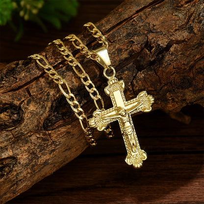 🔥 50% OFF! ⏰ Gold-Tone Crucifix Pendant Necklace – Detailed INRI Design, Adjustable Figaro Chain & Everyday Faith Jewelry ✝️✨