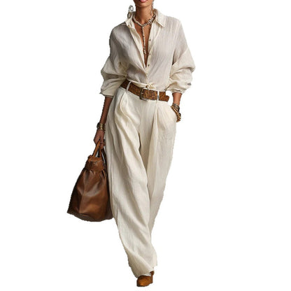 🔥🎁New arrival 50% OFF💥Women's Loose Fit Shirt & Wide-Leg Pants Two-Piece Set
