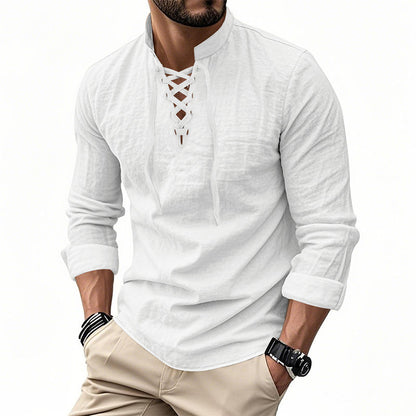 💎 50% OFF! 💎 Men's Casual Solid Color Shirt – Lace-Up Neck, Modern Stand Collar & Breathable Cotton Blend 👔