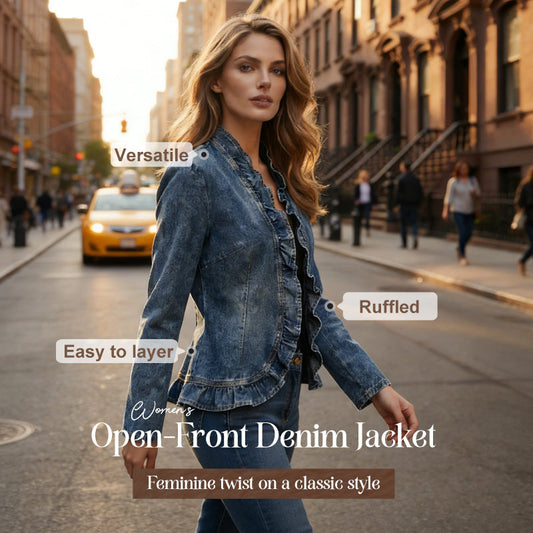 🥳💞50K+ SOLD!👵☀️ Open-Front Denim Jacket – No buttons, easy on/off. Flattering ruffle trim, breathable fabric. Classic blue wash. A versatile wardrobe staple. 🌿✅