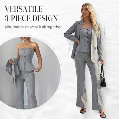 👚 50% OFF NOW! 💃 Women's 3-Piece Flared Trouser Suit Set – Blazer, Crop Top & Flared Pants, Elegant Look ✨