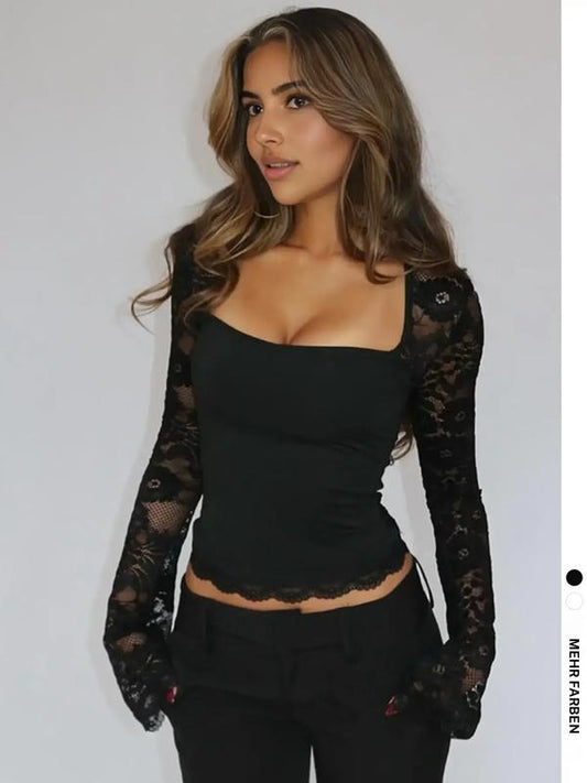 💖LAST DAY SALE 50% OFF!!✨Women's Solid Color T-Shirt with Floral Lace, Split Ruffles and Sheer Sleeves