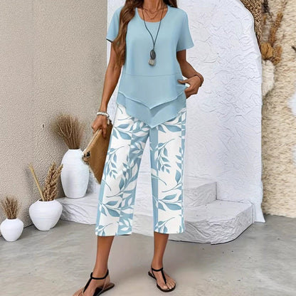 💙Casual Round Neck Layered Tunic Top and Wide Leg Pants Set