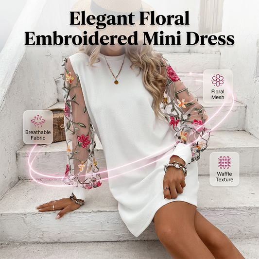 👗 40% OFF NOW! 🌸 Women's Floral Embroidered Mesh Sleeve Dress – Sheer Botanical Sleeves, Relaxed Fit & Breathable 🌿