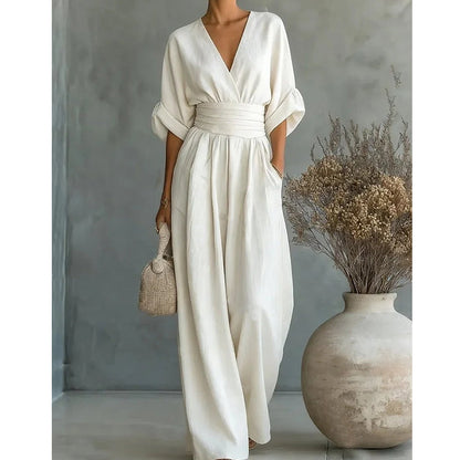 👗 40% OFF NOW! ✨ Elegant V-Neck Wide-Leg Jumpsuit – Flattering Waist Sash, Soft Breathable Fabric & Relaxed Fit 🦋