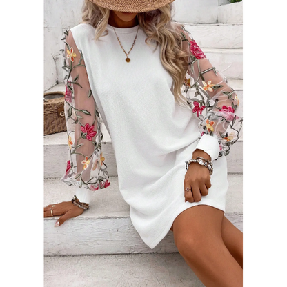 👗 40% OFF NOW! 🌸 Women's Floral Embroidered Mesh Sleeve Dress – Sheer Botanical Sleeves, Relaxed Fit & Breathable 🌿