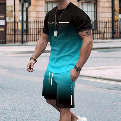 🏖️⏳SUMMER SALE: ONLY ￡16.99!!😎Men's Gradient Color T-Shirt & Shorts Set
