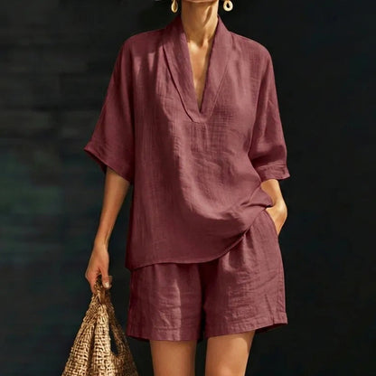 👚 50% OFF NOW! 🌸 Women's Casual V-Neck Top & Shorts Set – Soft, breathable & relaxed fit – perfect for summer lounging, beach days or quick errands 🩳