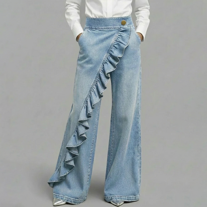 💐40% OFF ! Women’s Asymmetrical Ruffle Denim Pants – Flowy & Stylish 🍃✨【Limited Offer】