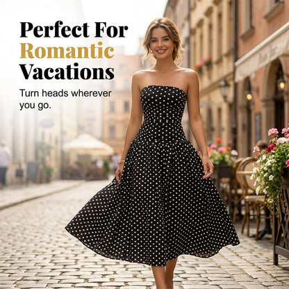 ⚫👗Last Day Special Price:£ 18.99!!!✨ Women's Polka Dot Strapless Dress - Elegant Vacation Essential! ✨