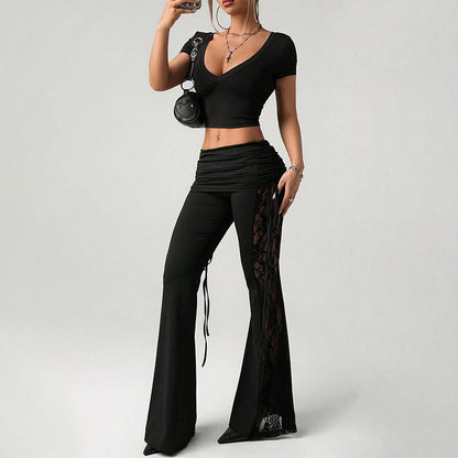 🔥While Supplies Last 50% OFF!🎉 Women's Ruched Lace Panel Flare Pants