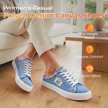 👟✨ LIMITED TIME 50% OFF! Women’s Frayed Denim Mule Sneakers – Easy Slip On Design, Platform Sole and Effortless Casual Style