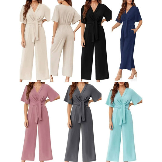 📢📢50% OFF !! ⏰Women's Elegant V-Neck Wide Leg Waist Tie Jumpsuit