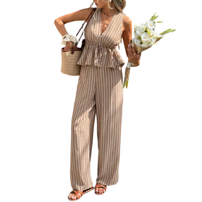 👕 LIMITED-TIME 50% OFF! ✨Women's Striped V-Neck Top & Wide-Leg Pants Set