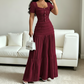 👗 LIMITED-TIME 50% OFF! ✨ Women's Square Neck Dress Set – Crinkled Fabric, Tiered Skirt, Elegant 🍷