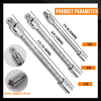 🔩50% OFF NOW! Flexible Universal Joint Socket Adapter Set, 1/4" 3/8" 1/2" Drive Spring-Loaded Extension Bars, Bendable Socket Extender for Ratchets & Cordless Drills, Access Tight Spaces