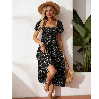 👗 LIMITED-TIME 50% OFF! ✨ Square Neck Floral Midi Dress – Smocked Bodice, Flowy Tiered Skirt, Romantic 🌸
