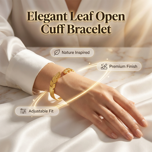 ✨ 50% OFF NOW! 🍃 18K Gold Plated Leaf Open Cuff Bracelet – Adjustable stainless steel – Nature-inspired design, perfect for daily elegance or gifting 💛