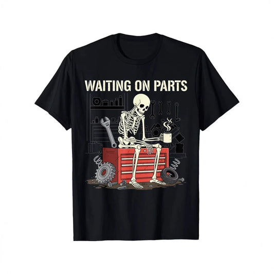 📢📢50% OFF !! ⏰Waiting On Parts Funny Skeleton Auto Mechanic Technician T-Shirt