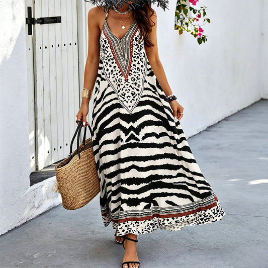 🌸Limited Sale 50% OFF🌸Women's Animal Print Backless Halter Maxi Dress