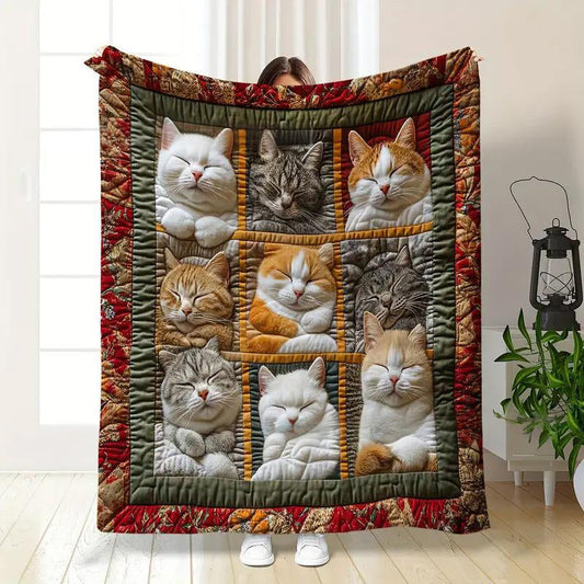 🎁LAST DAY SALE: £13.99!! 🐱💤 Cozy 9‑Panel Sleeping Cats Blanket – Ultra‑Soft Flannel, Reversible Design, Perfect for Sofa, Bed & Travel 🌙✨