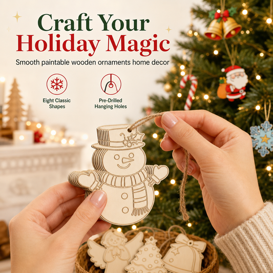 8 Piece Carved Wood Slice Christmas Tree Hanging Ornaments Set with Hemp Ropes for Holiday Party Home Decor